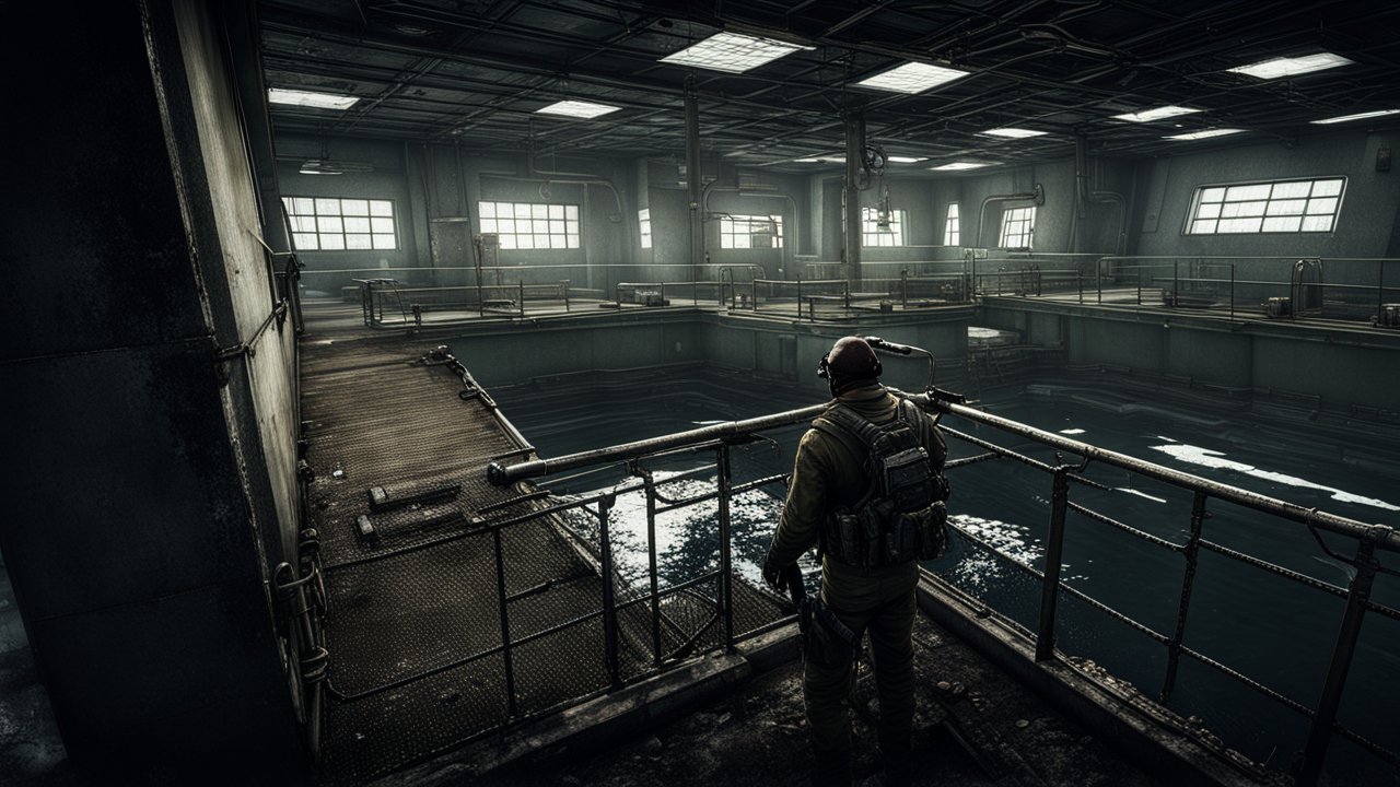 Tactical Soldier in Industrial Indoor Pool Area