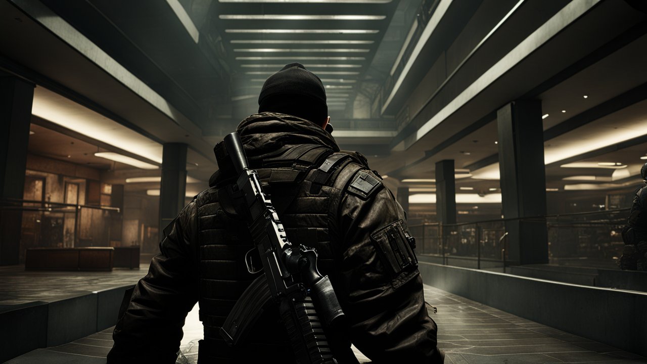 Tactical Soldier in Modern Industrial Interior