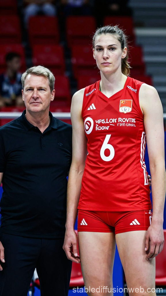 Tall Female Volleyball Player with Coach in Arena