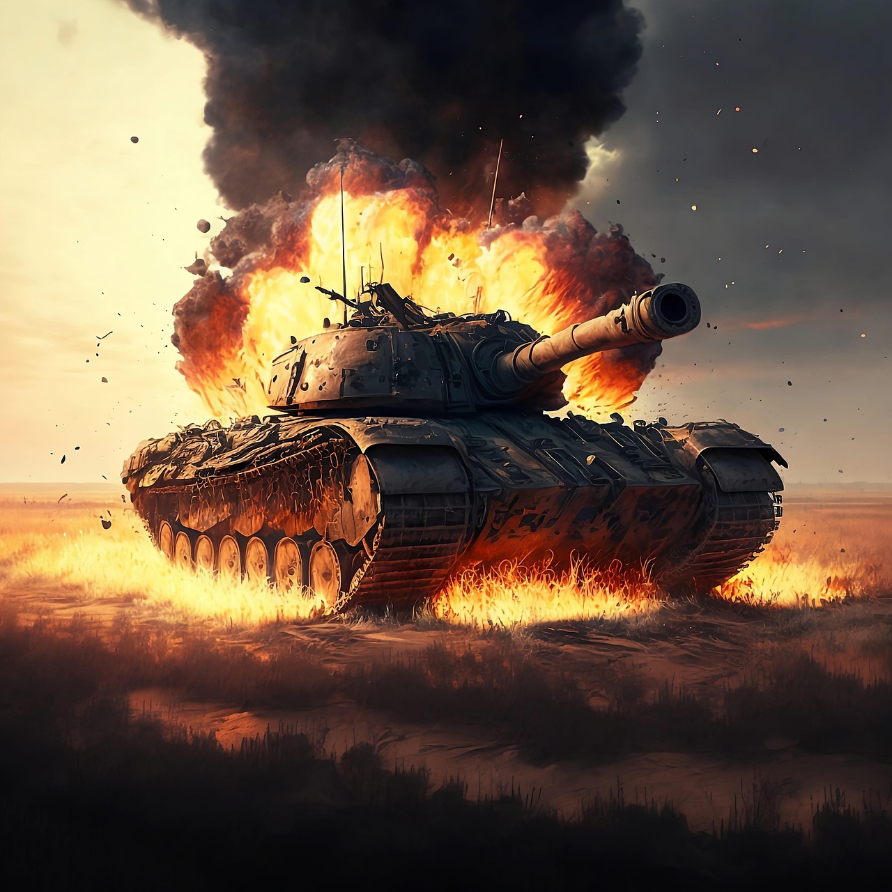 Tank Explosion with Fiery Flames in Battlefield