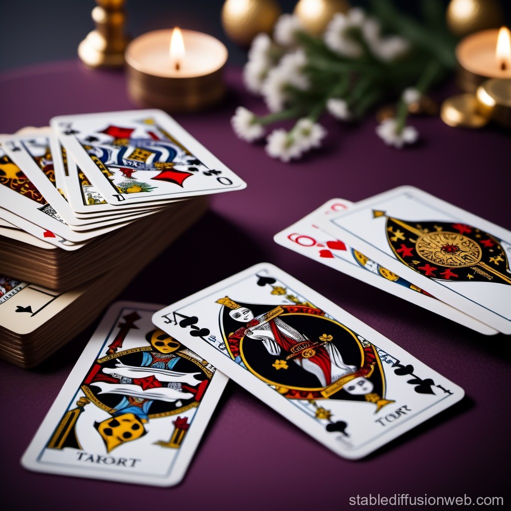Tarot Cards with Candlelight and Flowers on Purple Surface