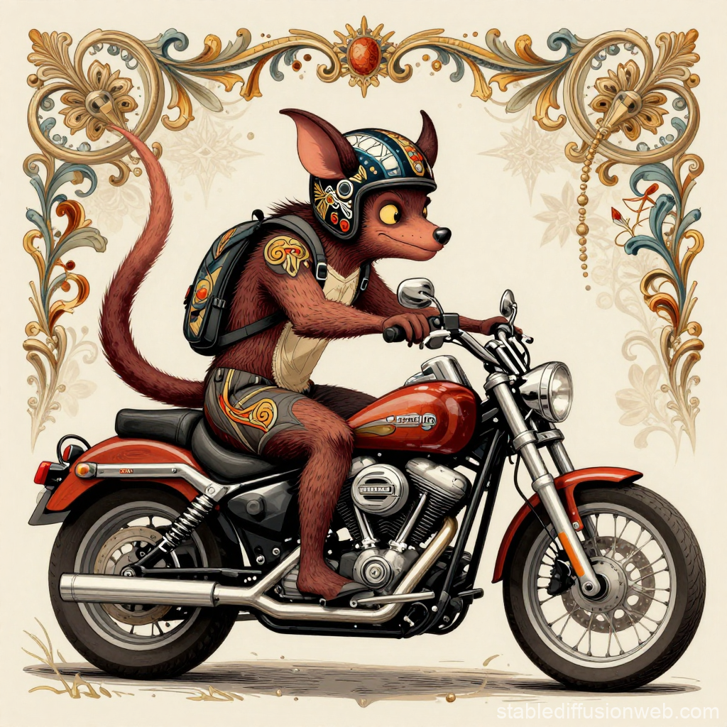 Tasmanian Devil Riding a Classic Motorcycle with Ornate Frame