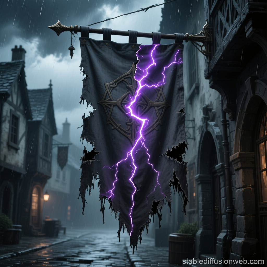 Tattered Banner with Violet Lightning in Rainy Medieval Street