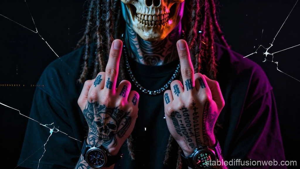 Tattooed Hands with Middle Fingers Raised and Skull Mask