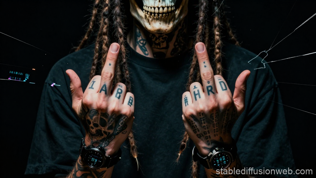 Tattooed Hands with Middle Fingers Raised in Dark Setting
