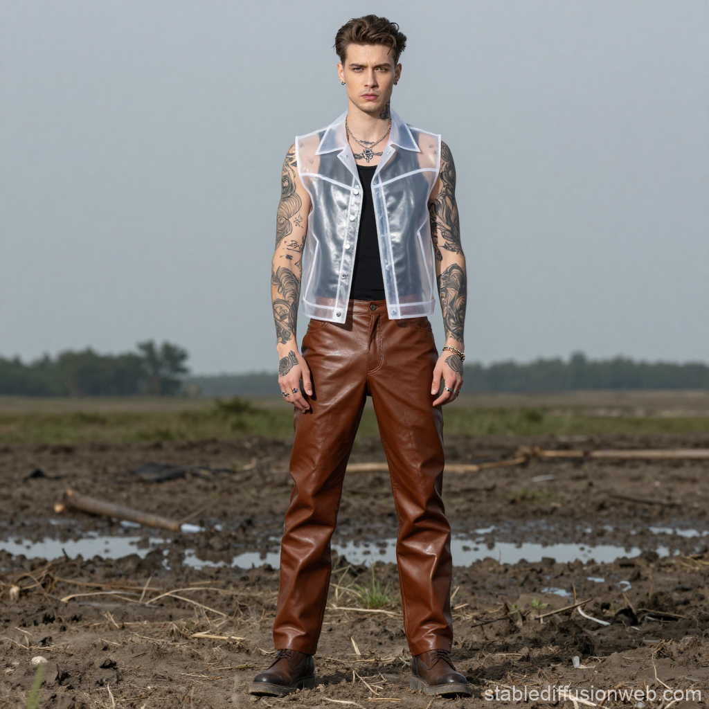 Tattooed Man in Transparent Vest and Leather Pants in Muddy Field