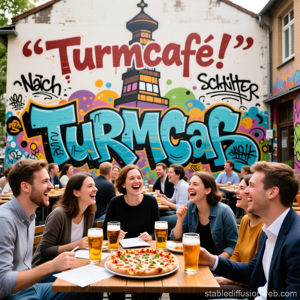 Teachers Enjoying Pizza and Beer at Turmcafé After Conference
