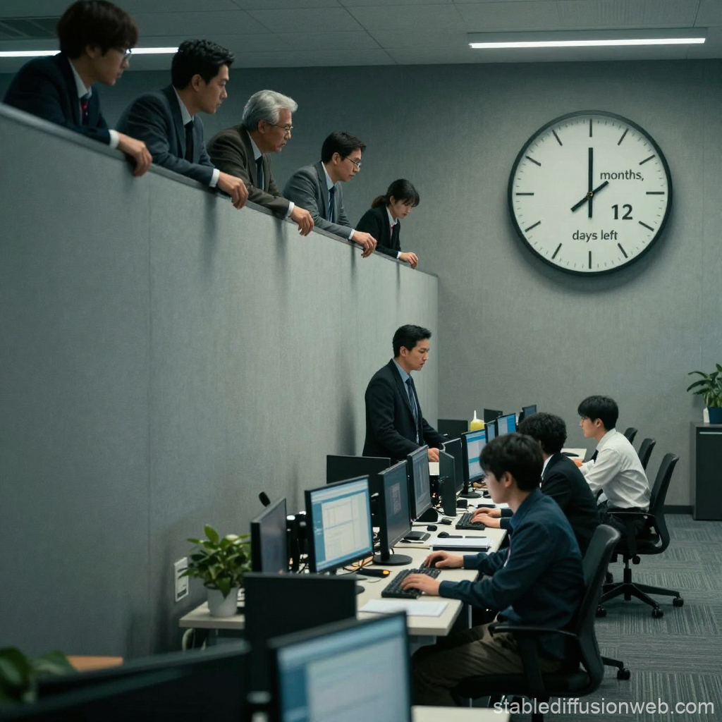 Team Working Behind Office Wall with Countdown Clock