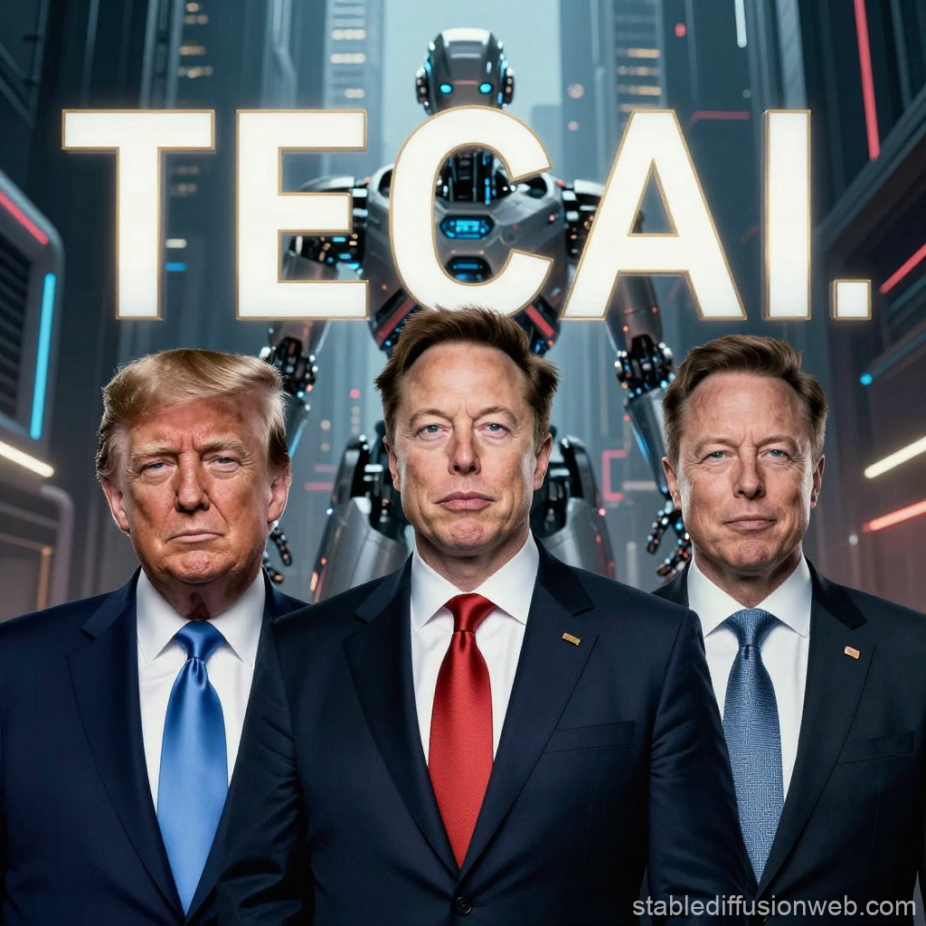 Tech Leaders and AI Robot in Futuristic Cityscape