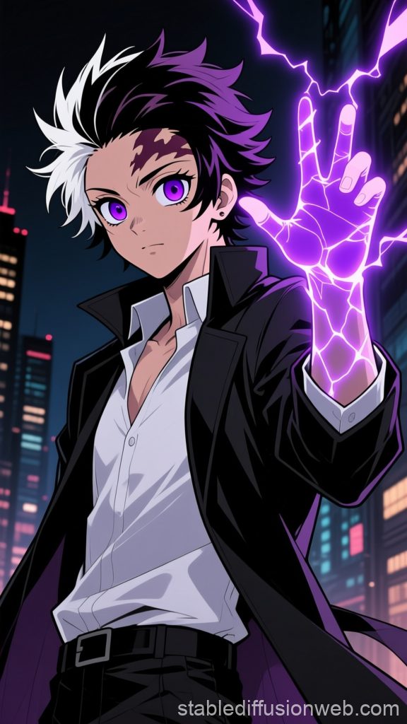 Teenager with Glowing Violet Energy in Urban Night