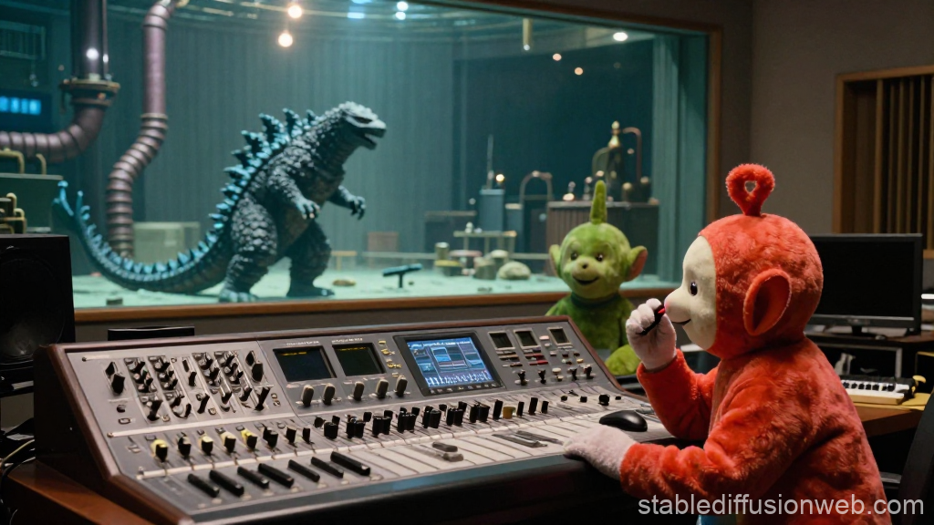 Teletubbies in a Studio with Godzilla Model