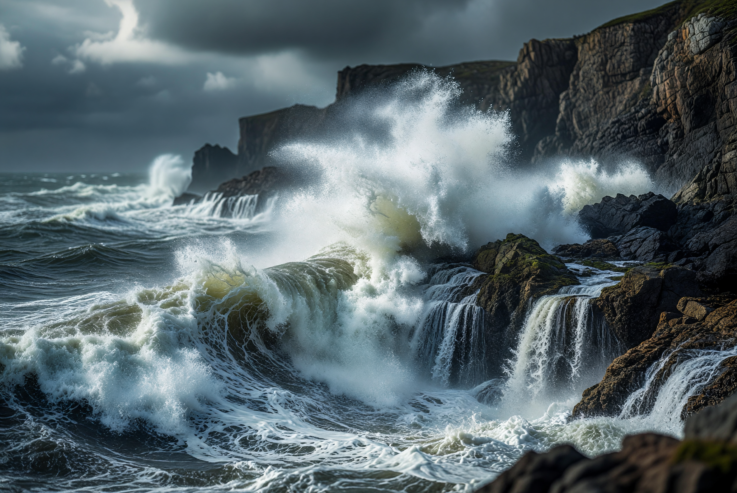 Tempestuous Waves Crashing Against Rocky Cliffside