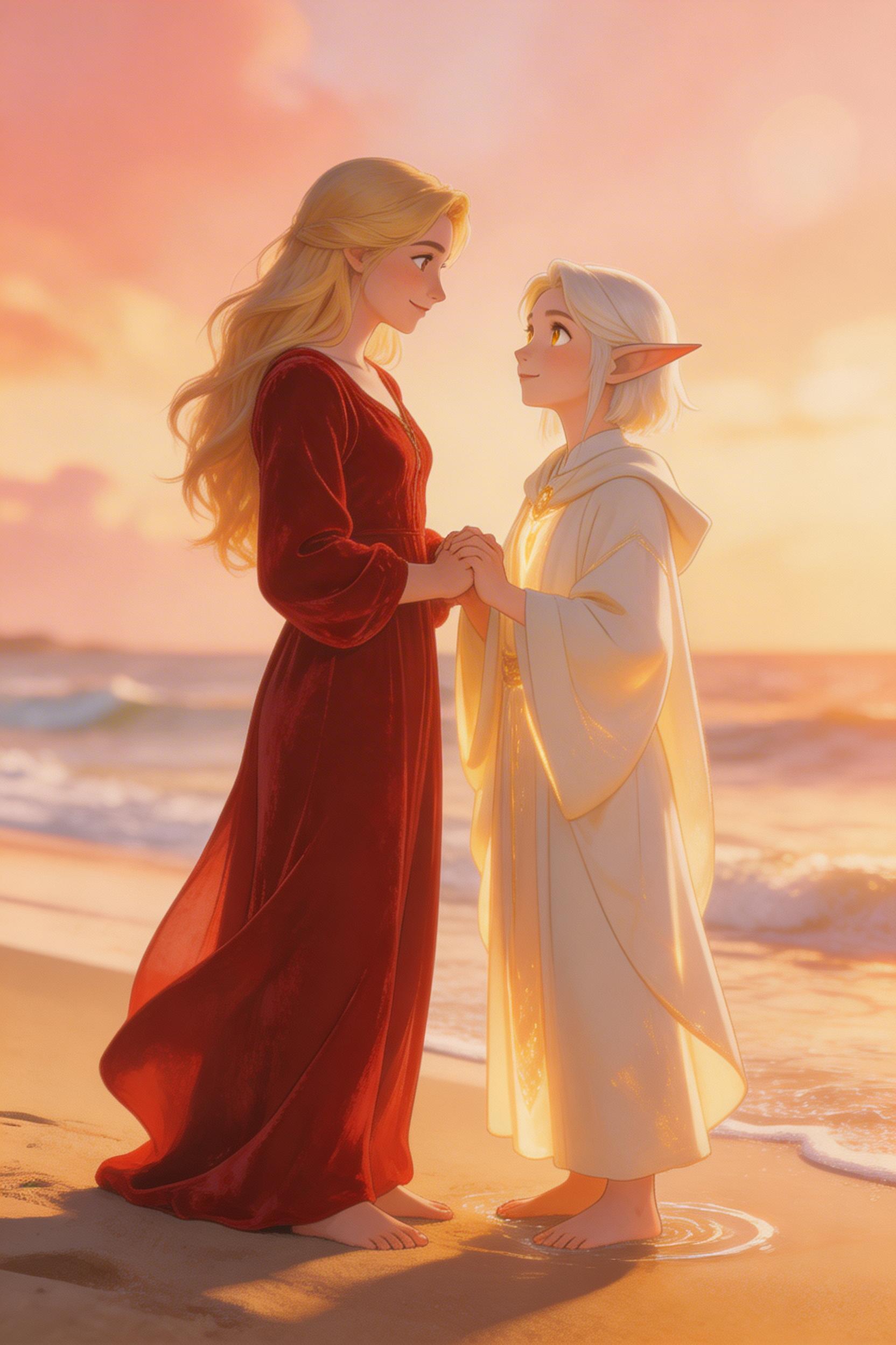 Tender Moment Between Two Fantasy Characters at Sunset
