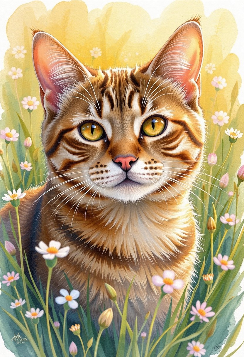 Tender Watercolor Portrait of a Cat in a Flower Field