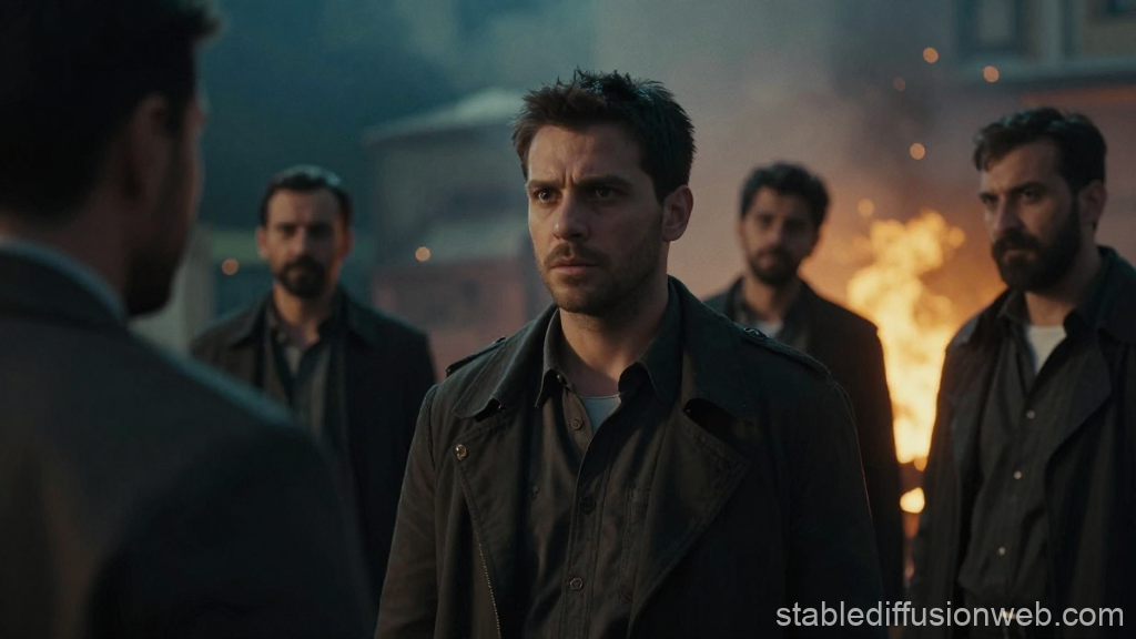 Tense Confrontation Scene with Men and Fire in Background
