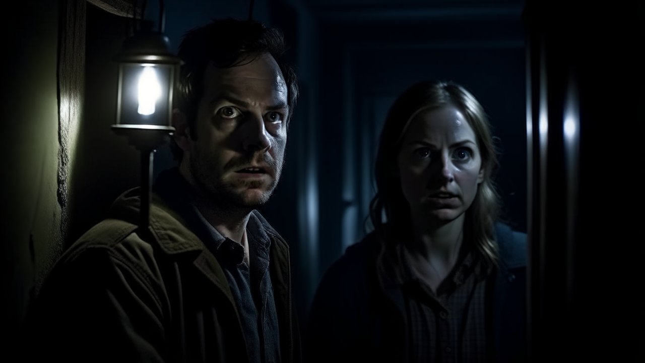 Tense Couple in Dark Hallway with Lantern