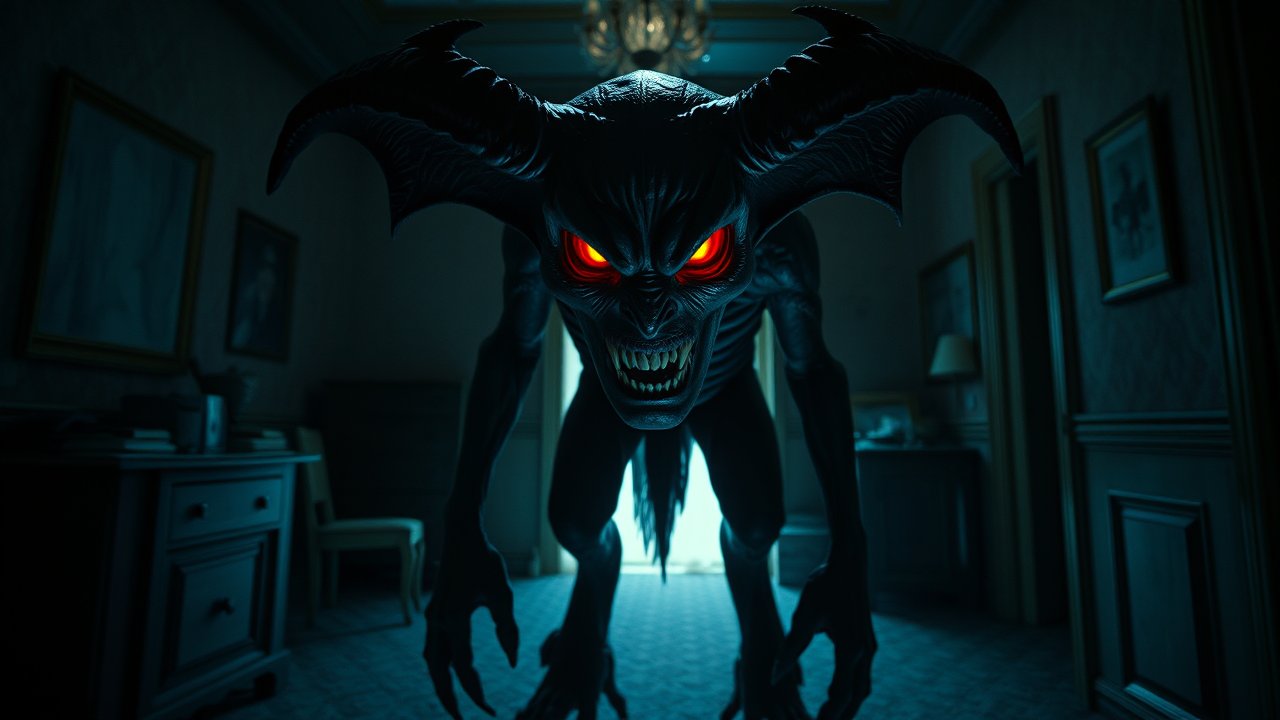 Terrifying Demon with Glowing Red Eyes in Dark Room