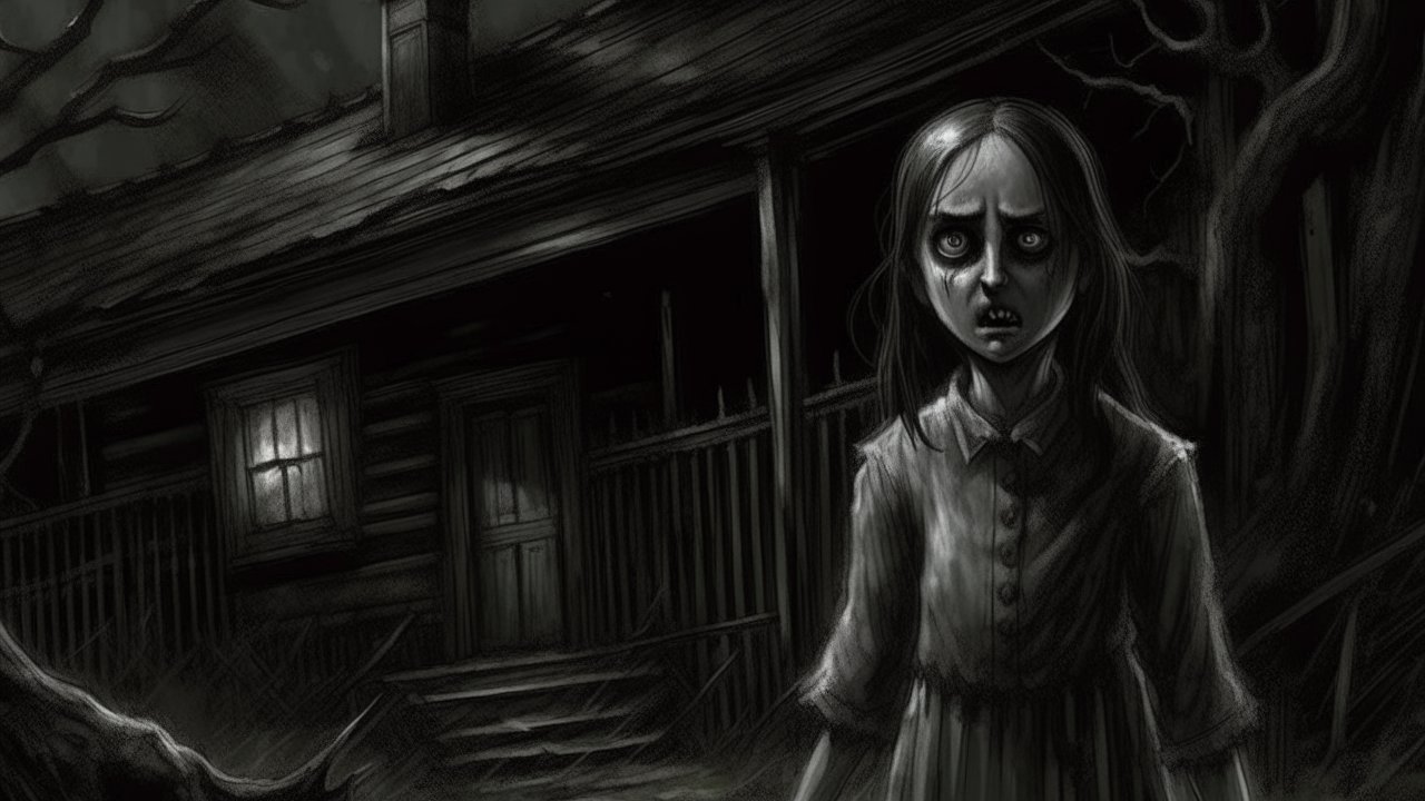 Terrifying Girl in Front of Haunted House at Night