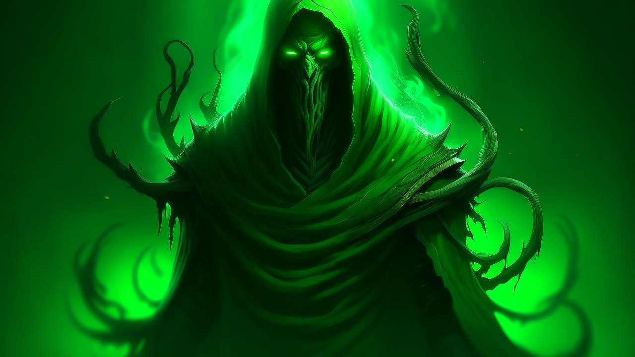Terrifying Green Chroma Jinn with Glowing Eyes