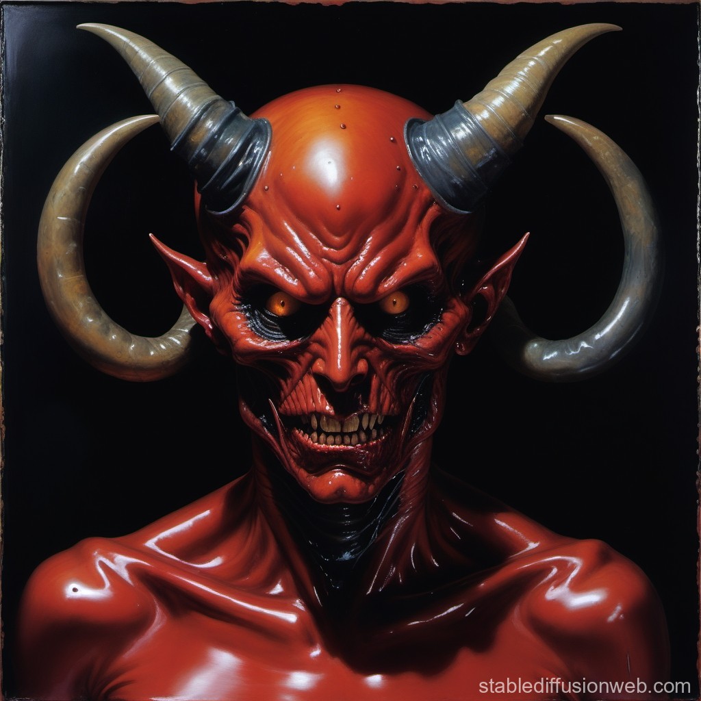 Terrifying Red Demon with Large Curved Horns
