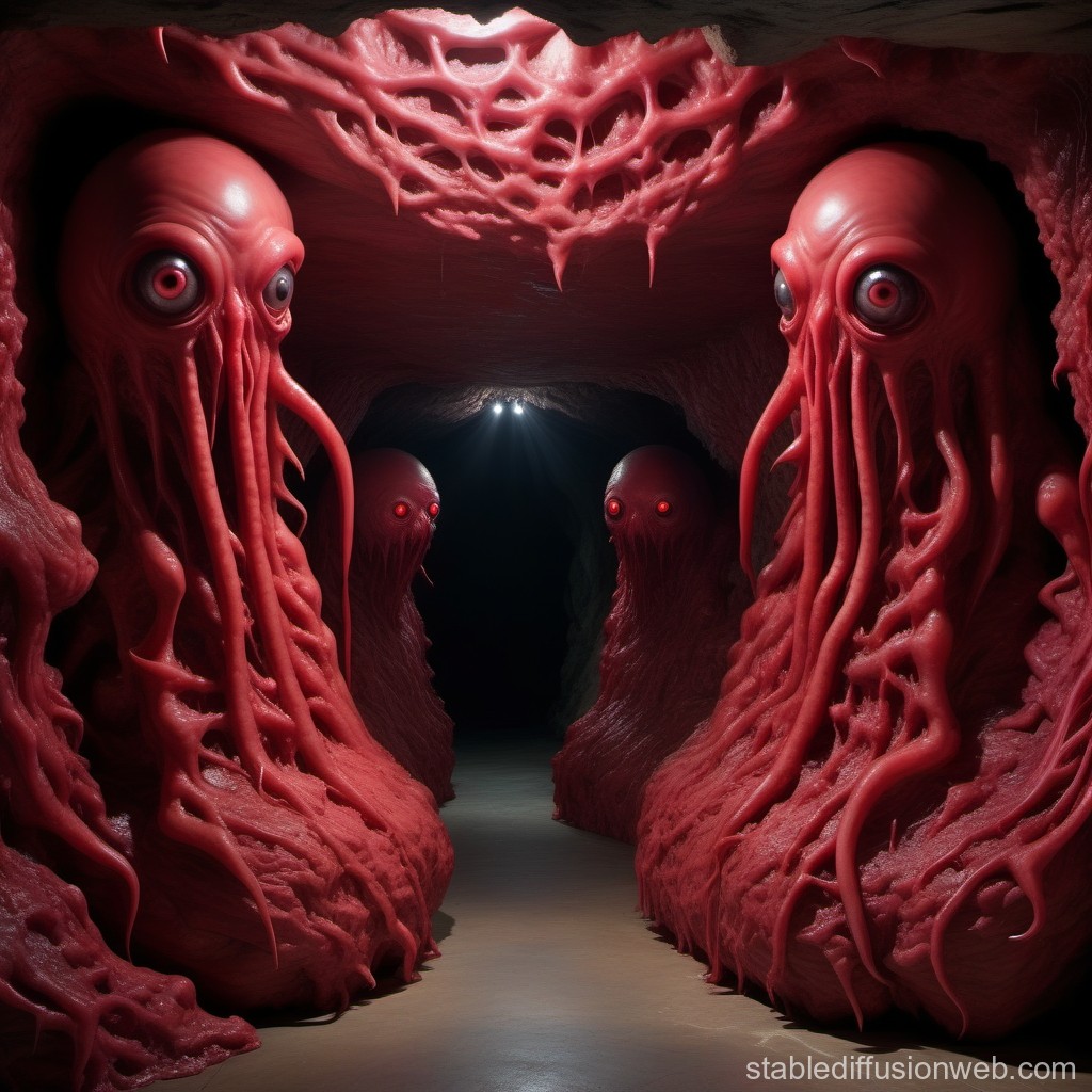 Terrifying Red Tentacled Creatures in a Dark Cave