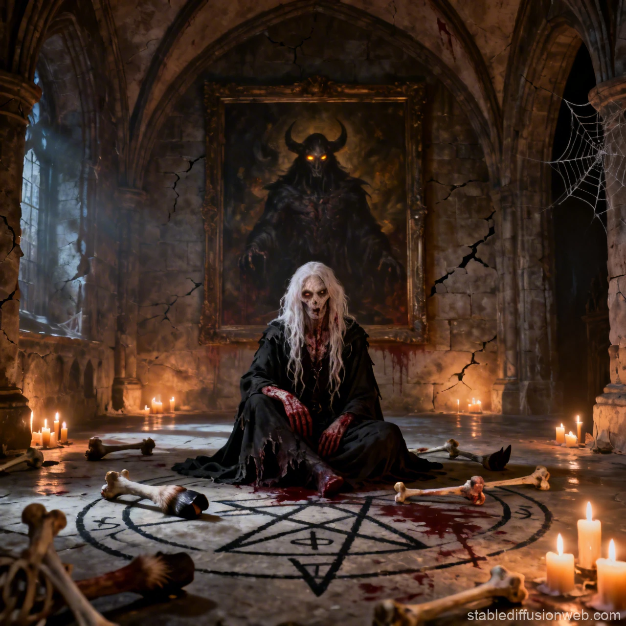 Terrifying Witch in Gothic Ritual Chamber