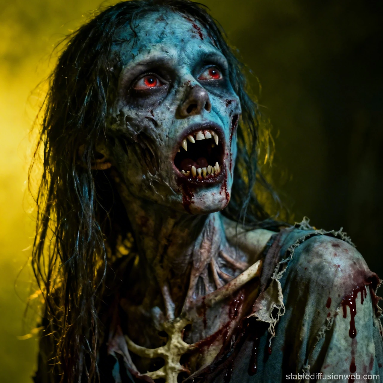 Terrifying Zombie Woman with Bloodied Teeth and Tattered Clothes