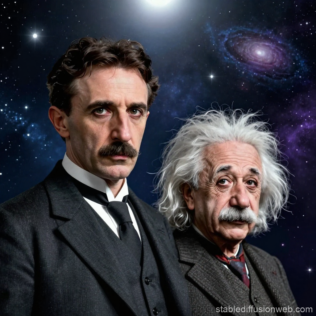 Tesla and Einstein Portrait with Cosmic Background