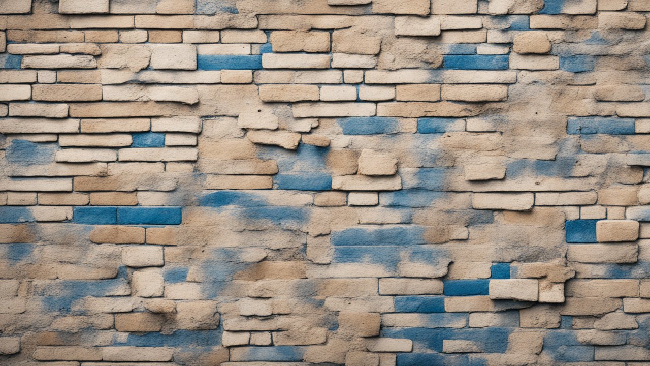 Textured Beige Brick Wall with Blue Paint Accents