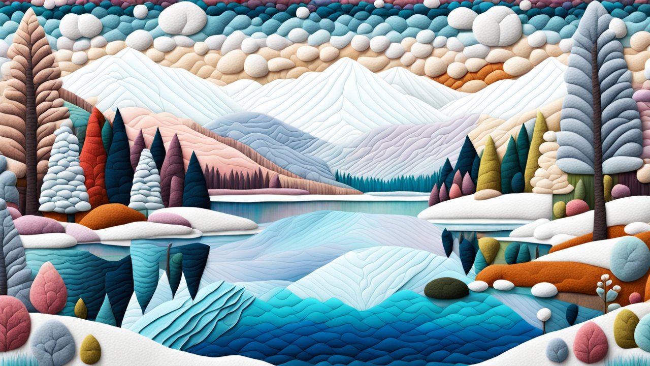 Textured Winter Landscape with Lake and Snowy Mountains