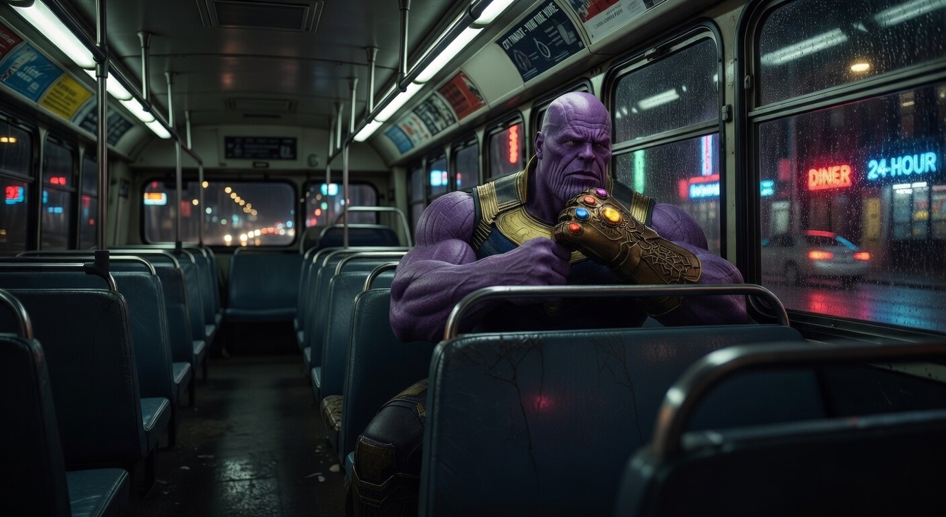 thanos sitting thoughtfully on a bus at night