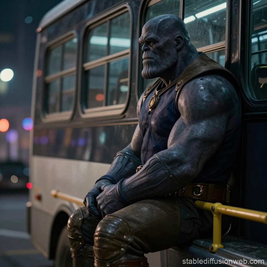 Thanos Sitting Thoughtfully on a Bus at Night