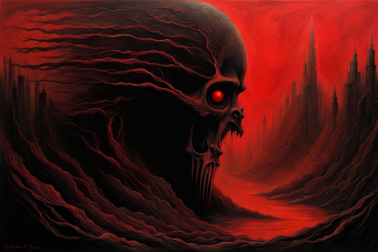 The Abyssal Skull Over a Red Dystopian Landscape