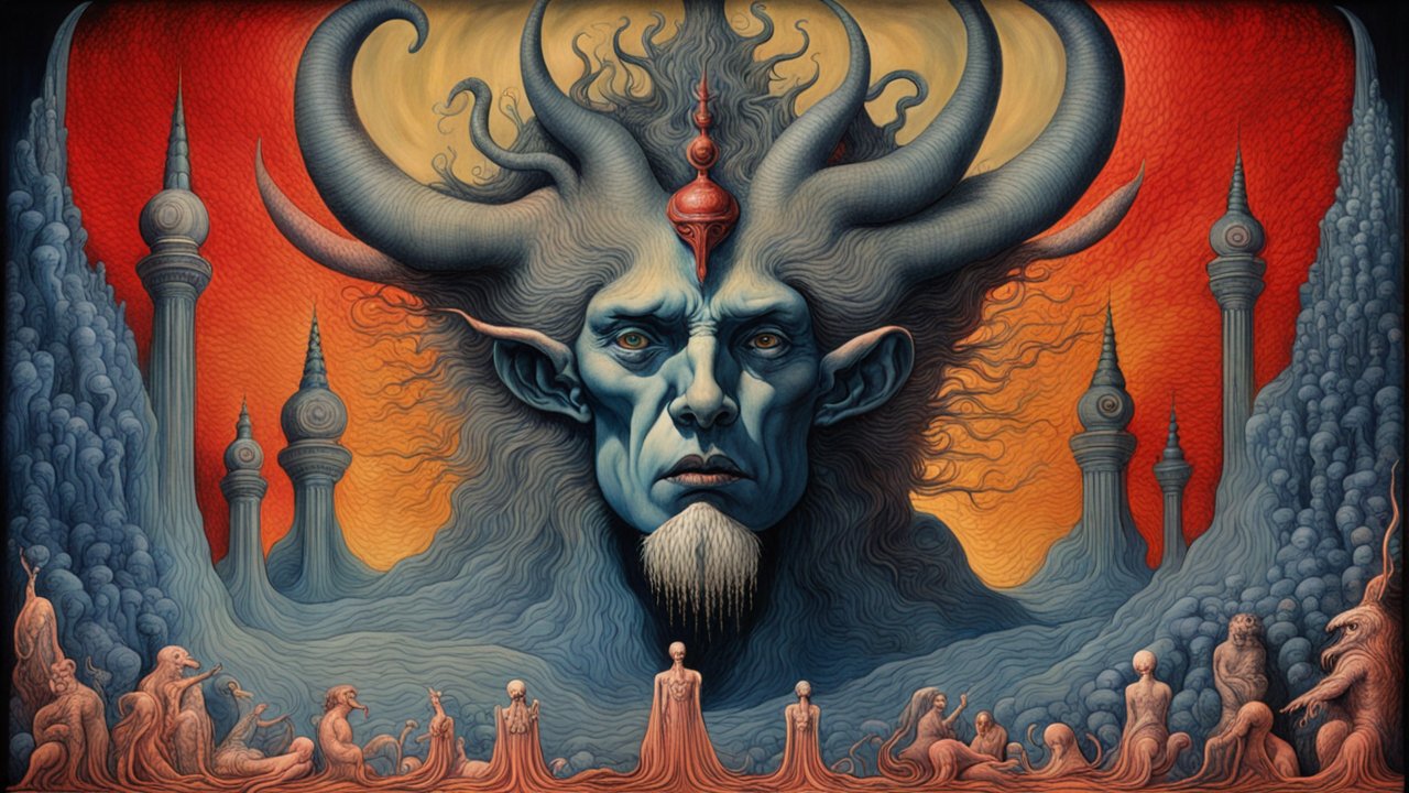 The Beast of Revelation with Horned Demon and Surreal Figures