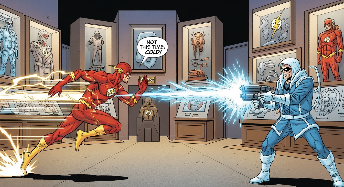 The Flash vs Captain Cold in a Museum Showdown