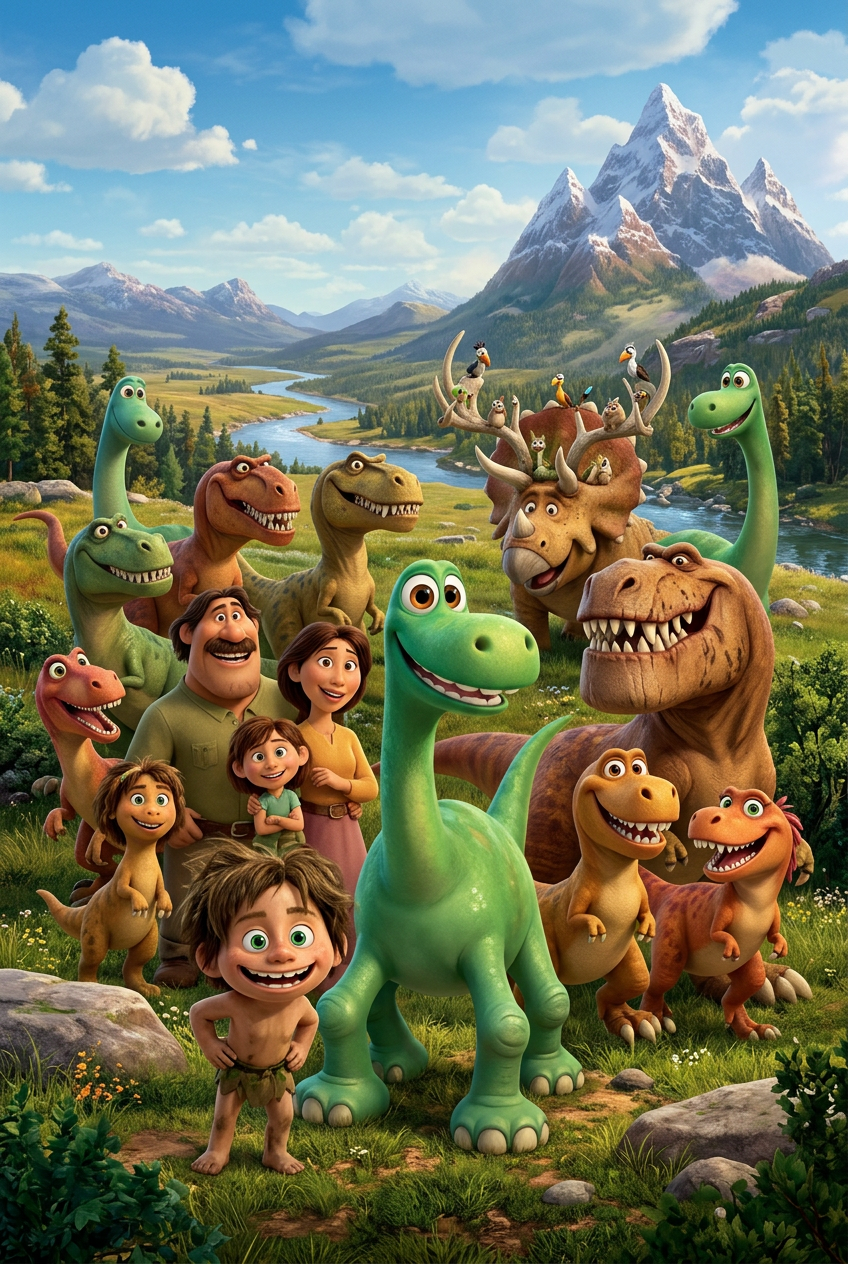 The Good Dinosaur Characters in Scenic Mountain Landscape