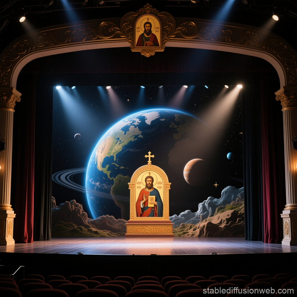 Theatrical Stage with Religious Icon and Cosmic Backdrop