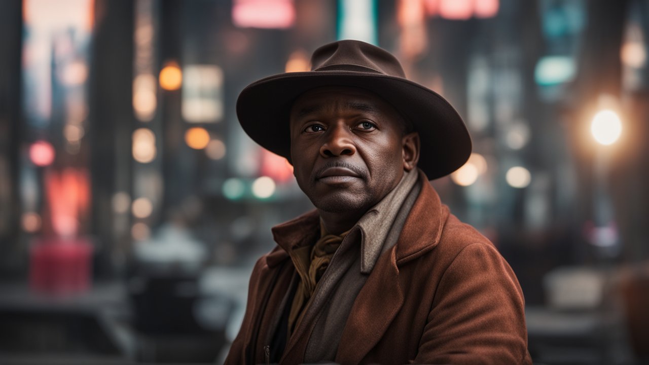 Thoughtful Man in Vintage Coat and Hat in Urban Night Scene