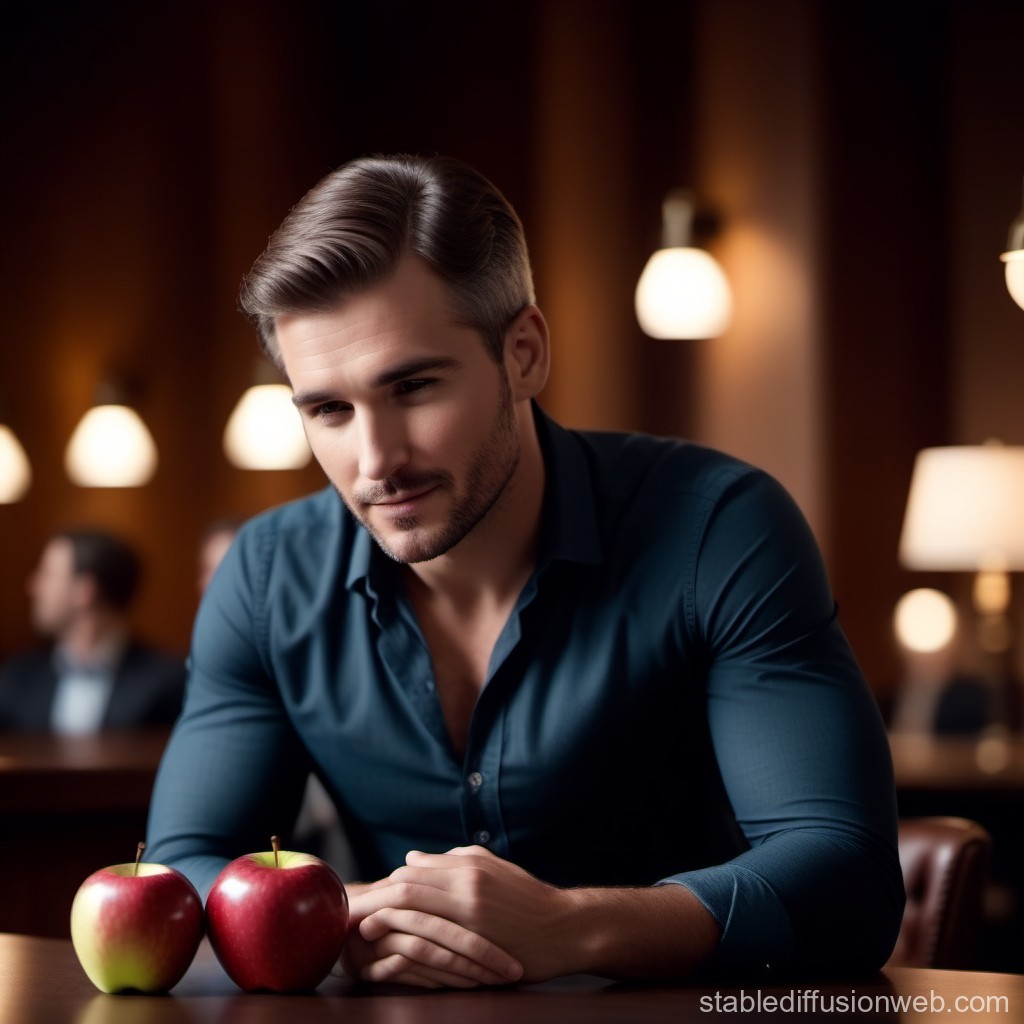 Thoughtful Man Sitting at Table with Two Apples