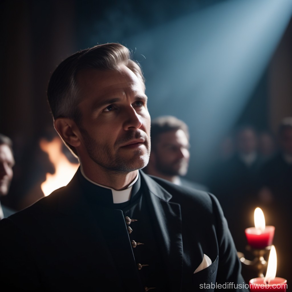 Thoughtful Priest in Dimly Lit Church