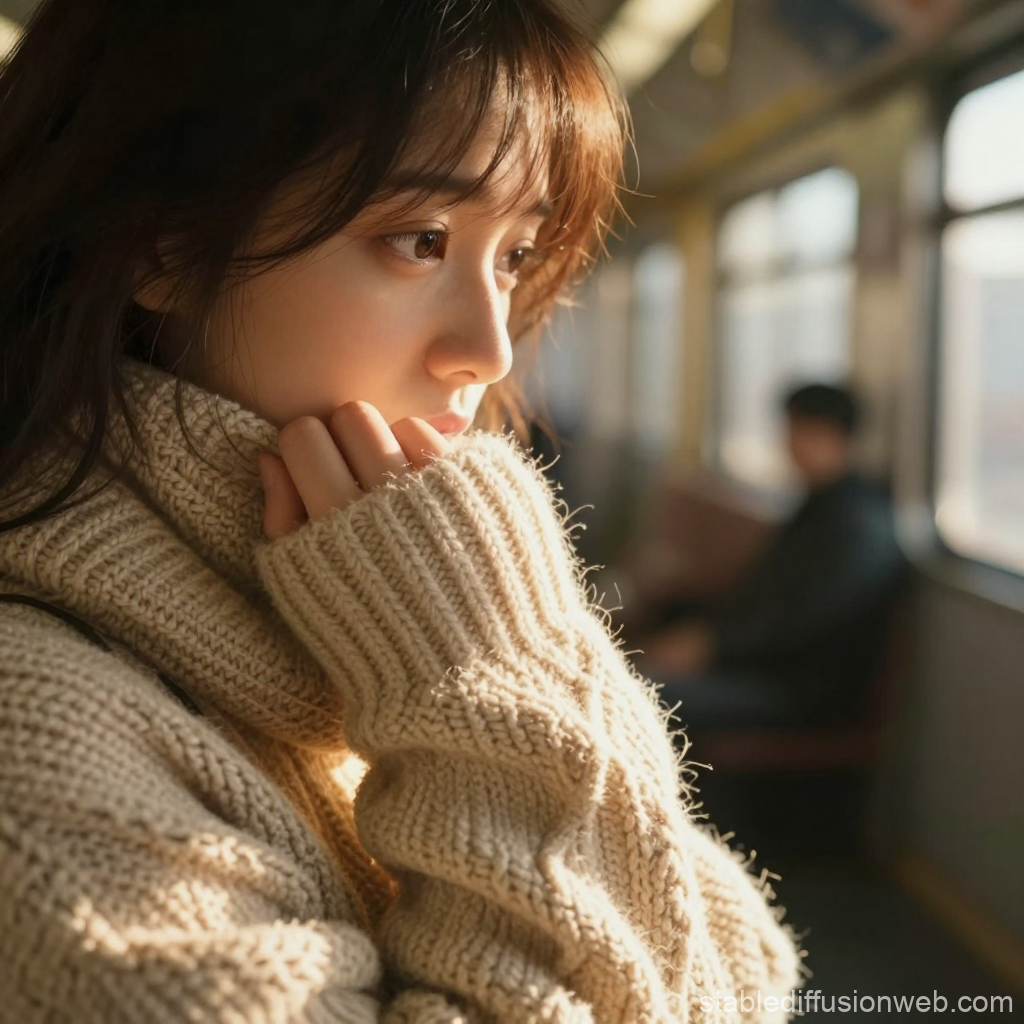 Thoughtful Woman in Vintage Knit Sweater on Subway