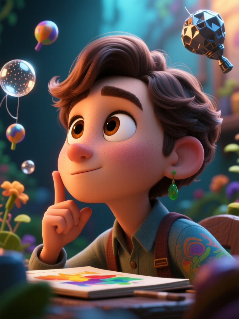 Thoughtful Young Artist in a Magical Studio