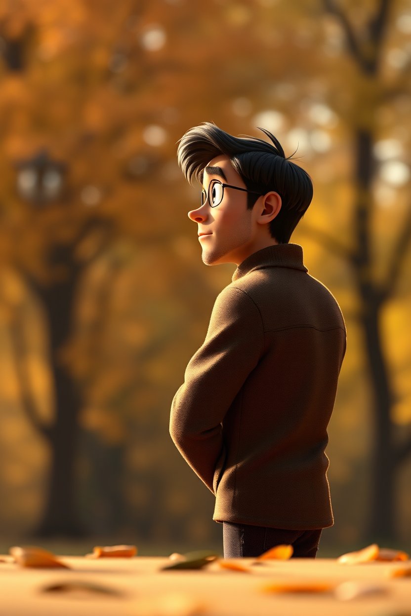 Thoughtful Young Man in Autumn Park - Disney Pixar Style