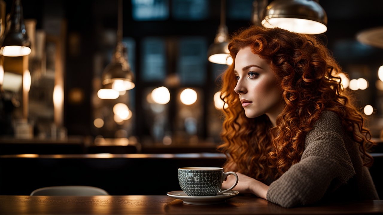 Thoughtful Young Woman with Red Curly Hair in Cozy Cafe
