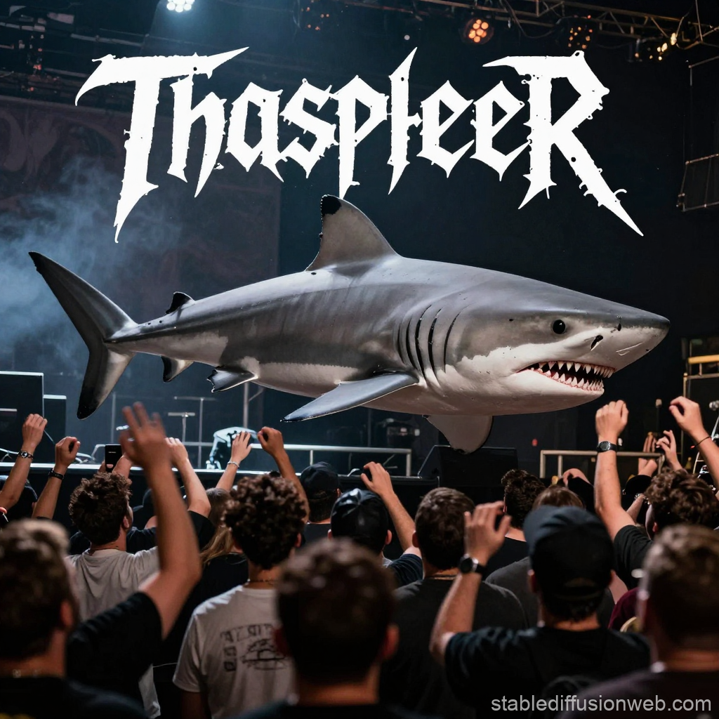 Thrash Metal Concert Crowd with Giant Shark and Band Logo