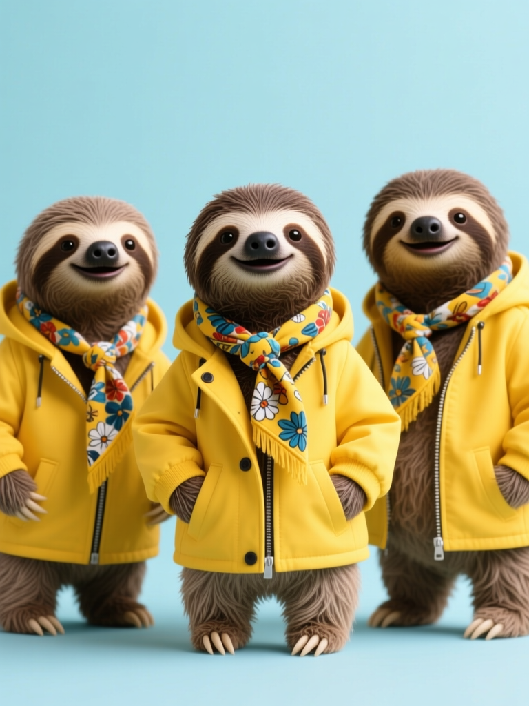 Three Adorable Sloths in Yellow Jackets and Floral Scarves