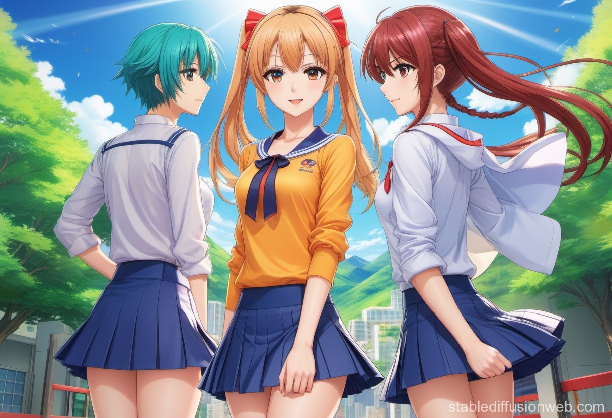 Three Anime Schoolgirls in Sunny Outdoor Setting