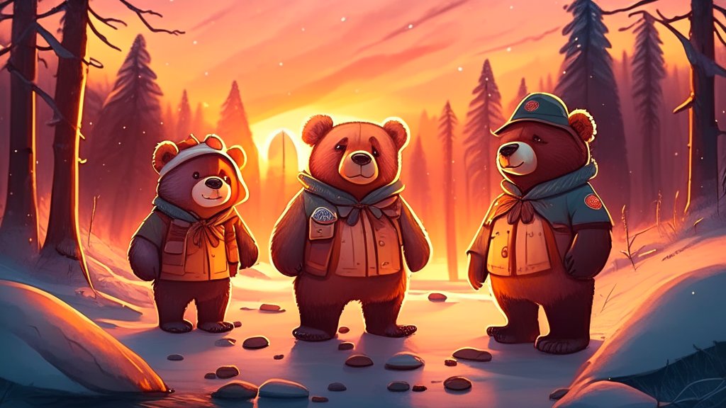 Three Bears in Scout Uniforms at Sunset in Snowy Forest