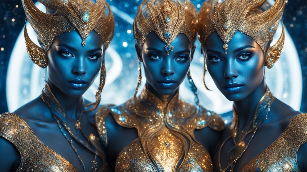 Three Blue-Skinned Alien Women in Ornate Golden Armor