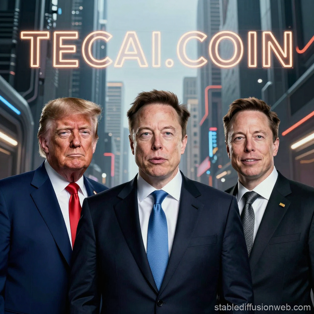 Three Businessmen in Suits with TEC.AI.COIN Neon Sign